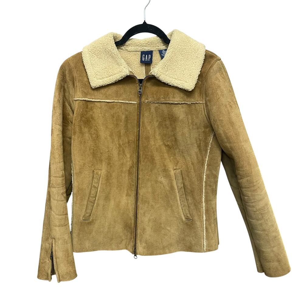 Y2K Gap Genuine Suede Leather Faux Sherpa Lined Zip Up Jacket Tan Womens Medium